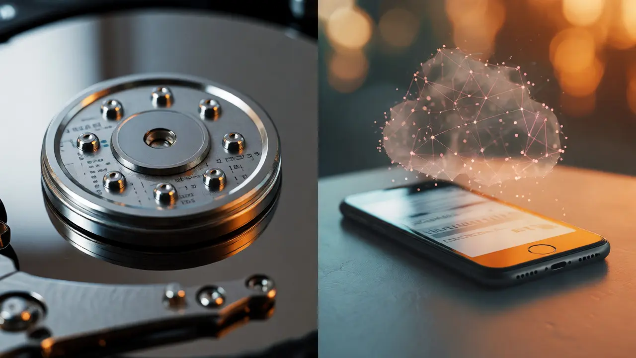 Artistic split view comparing desktop hard drive evidence with mobile cloud sync traces.