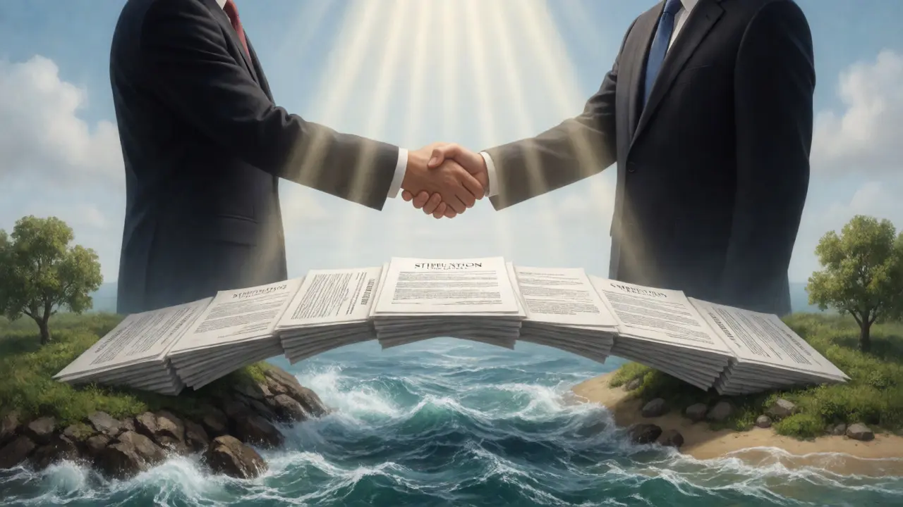 Attorneys shaking hands over a bridge of documents symbolizing pretrial agreement.