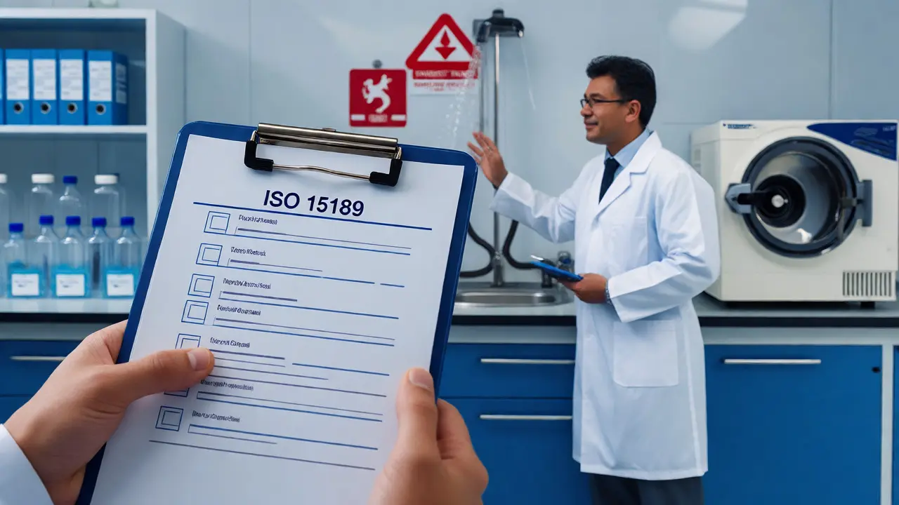 Auditor holding a checklist in front of a prepared lab bench with visible safety infrastructure and staff.