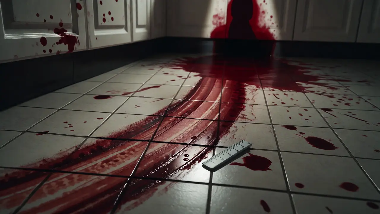 Bloodstain patterns on kitchen tiles including wipes and impact spatter