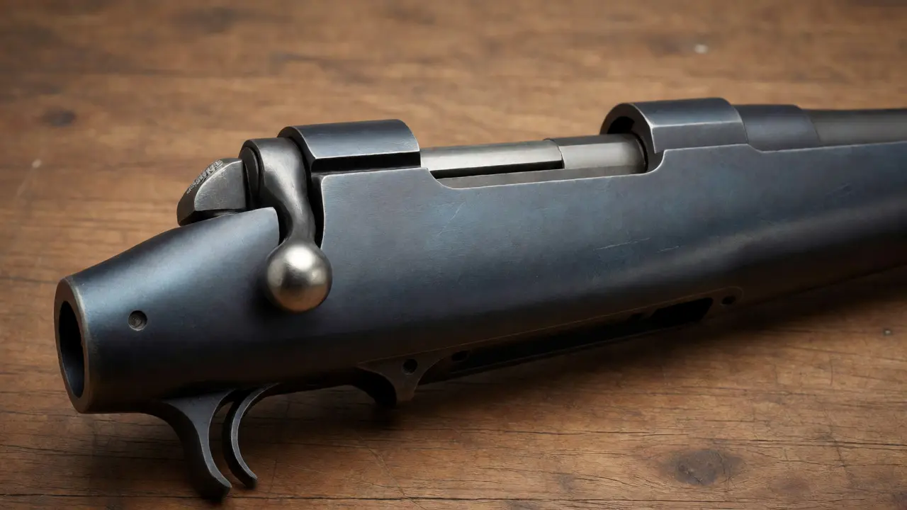 Blued steel rifle receiver with visible wear patterns and rubs