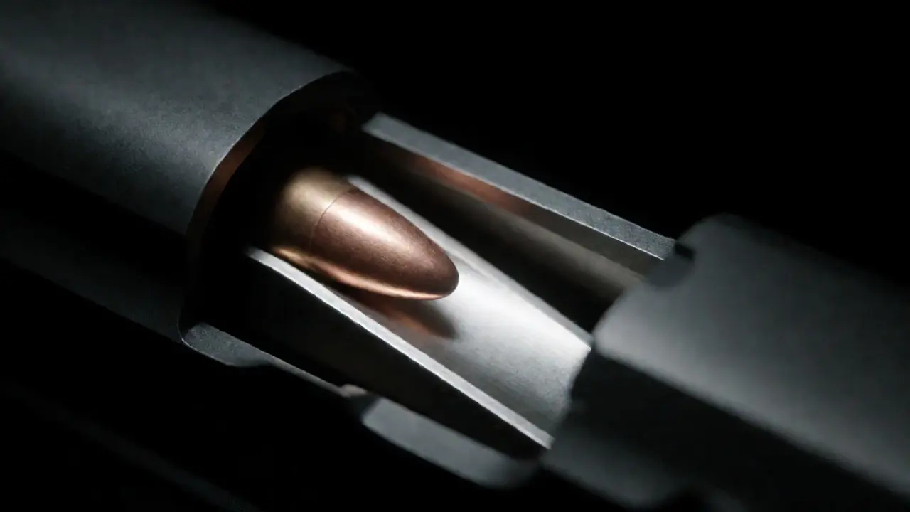 Bullet sliding up a pistol feed ramp, illustrating the creation of feed ramp marks during loading.