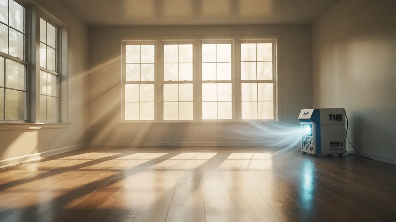 Clean living room with ozone generator ensuring air quality restoration