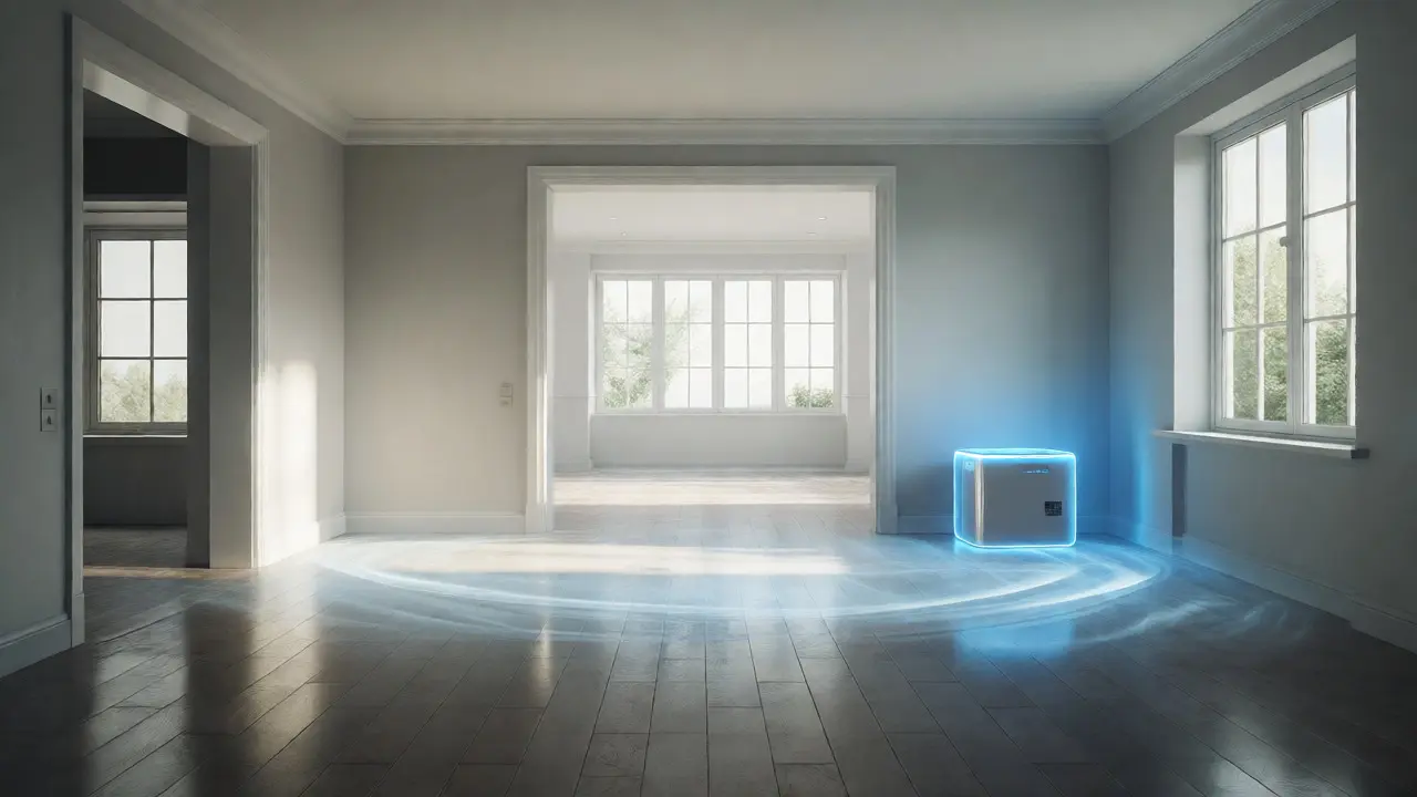 Clean, sterile room post-remediation with a hydroxyl generator glowing softly.