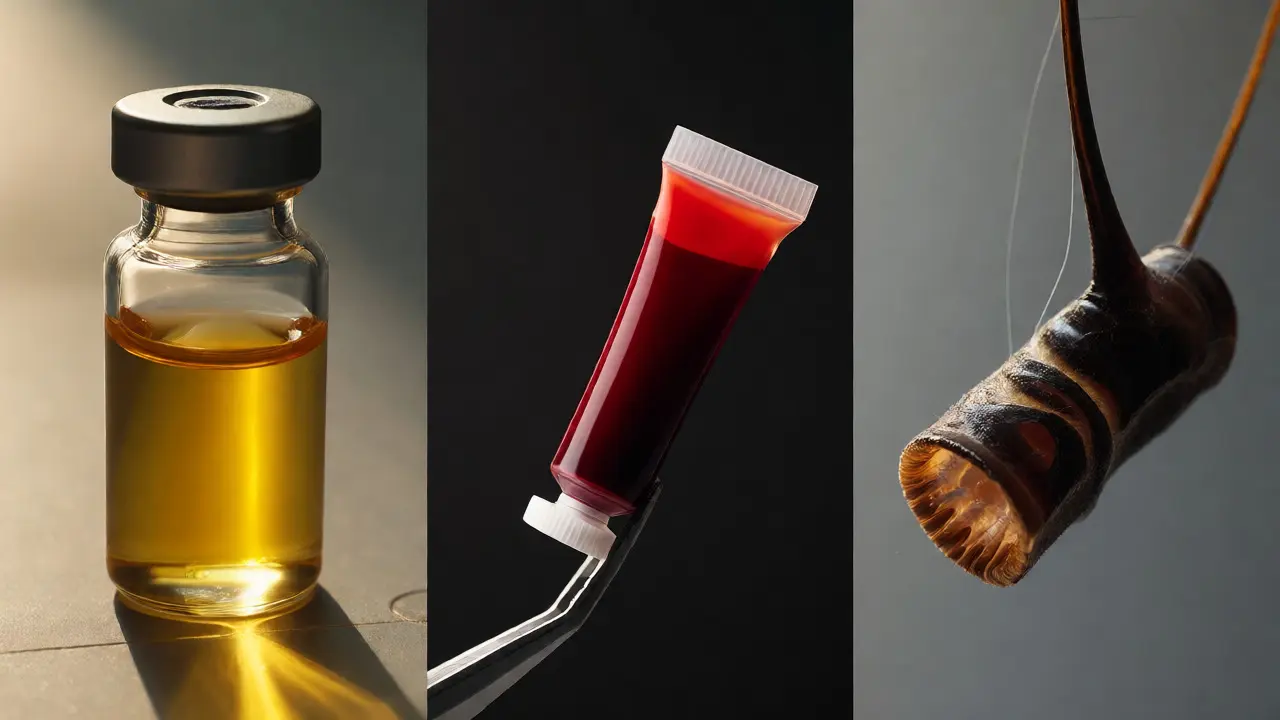 Close-up comparison of urine, blood, and hair samples used for toxicology testing.