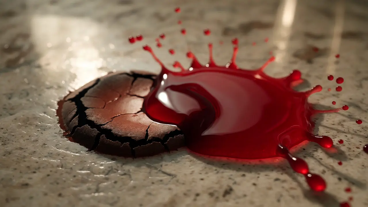 Close-up of fresh blood drop landing on a dried stain