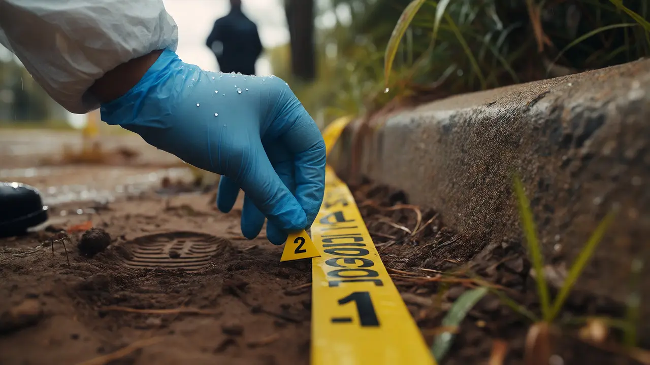 Close-up of gloved hand placing evidence flag near rain-wetted crime scene boundary