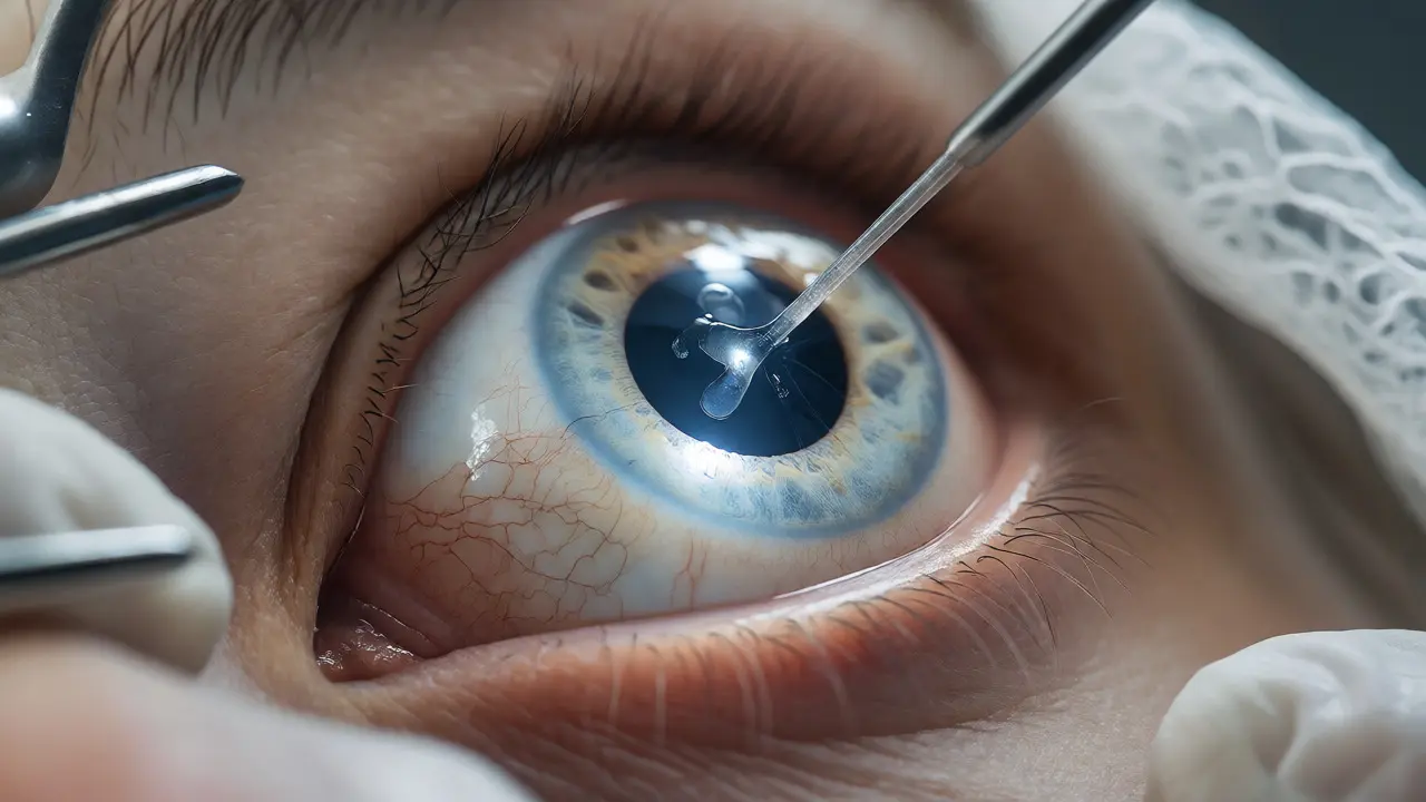 Close-up of needle extracting vitreous humor from a deceased eye