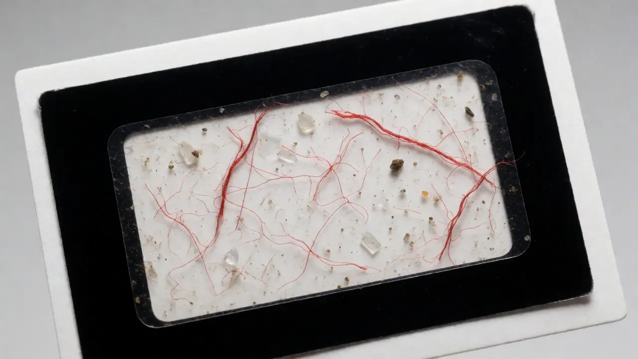 Close-up of trace evidence like fibers and glass trapped on black lifting tape.
