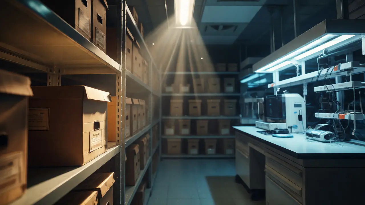 Cold case files next to modern forensic equipment in an archive
