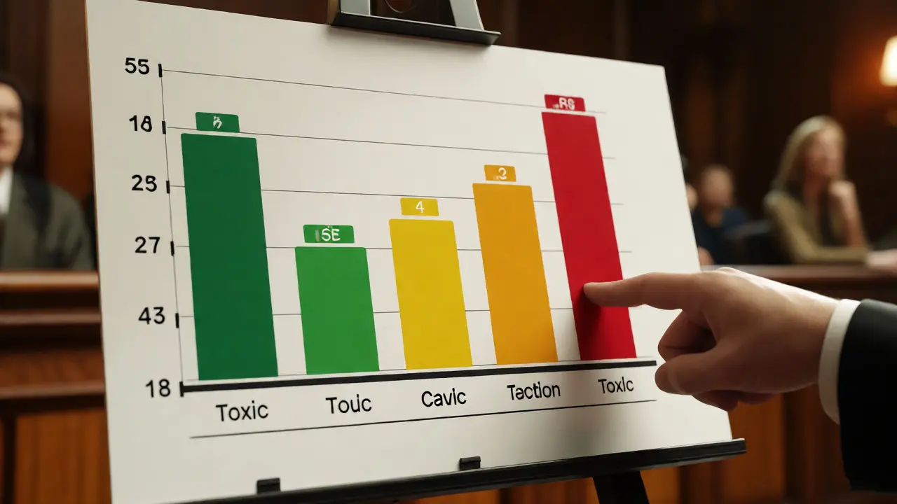 Color-coded drug level chart shown in court helping jurors understand toxicity.