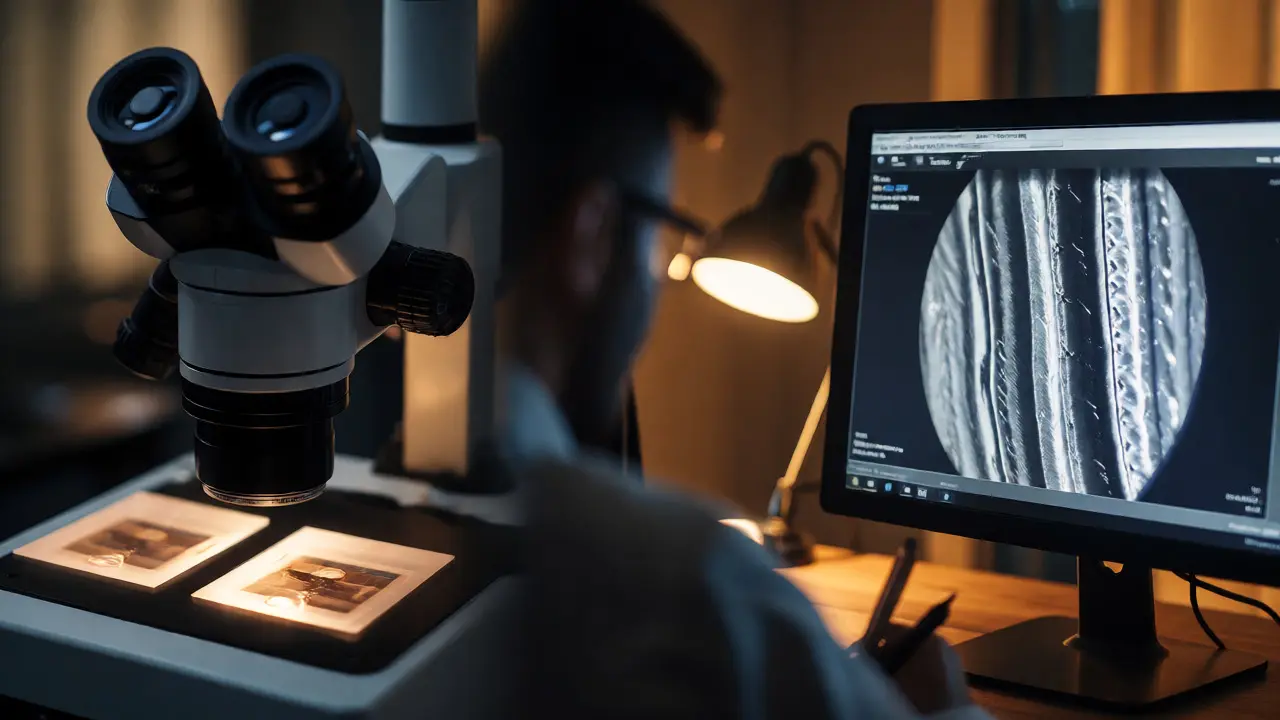 Comparison microscope analyzing samples alongside digital imaging results.