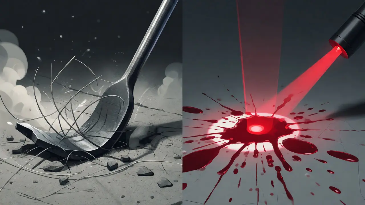 Comparison of damaging metal flags versus non-intrusive laser marking on evidence.