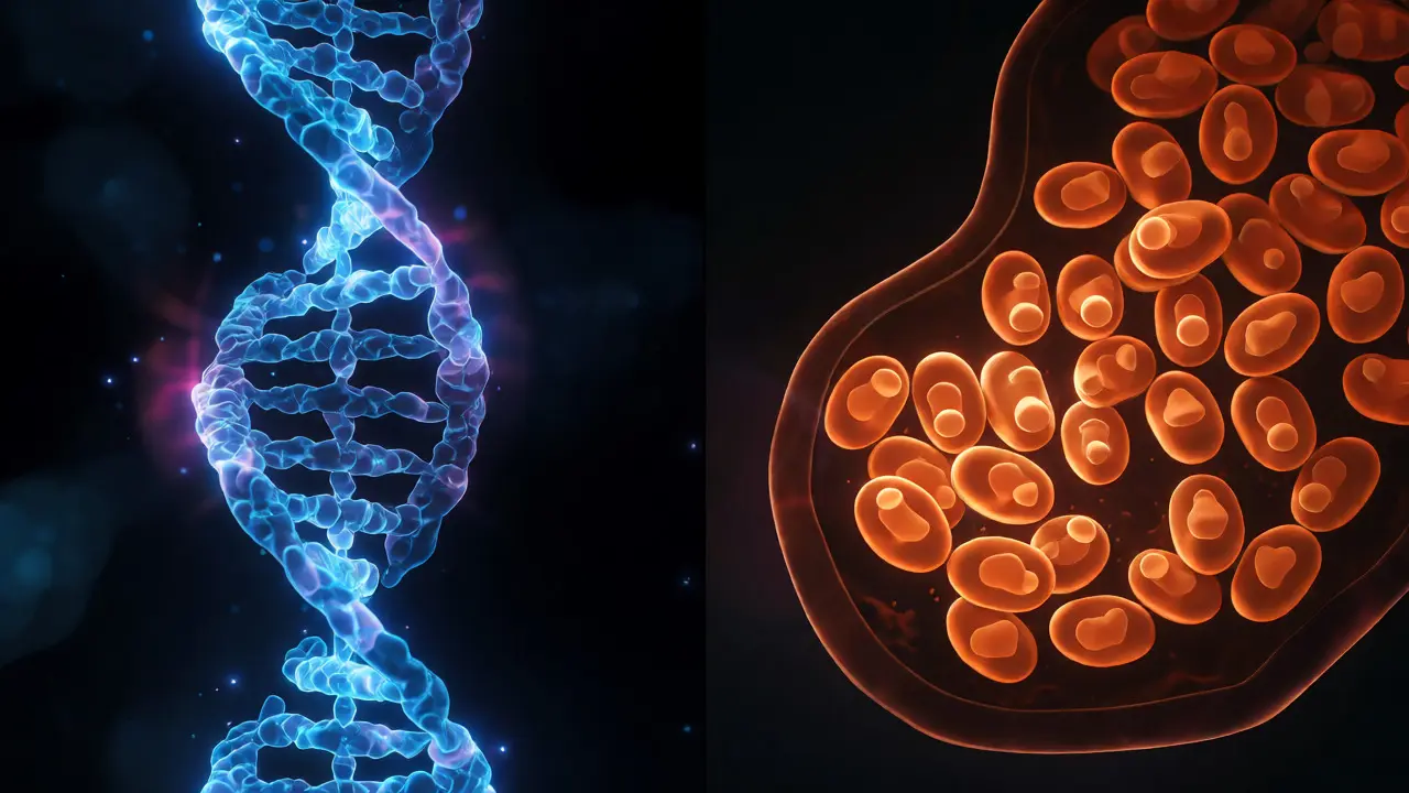 Conceptual art comparing fragile nuclear DNA helix with resilient mitochondrial clusters