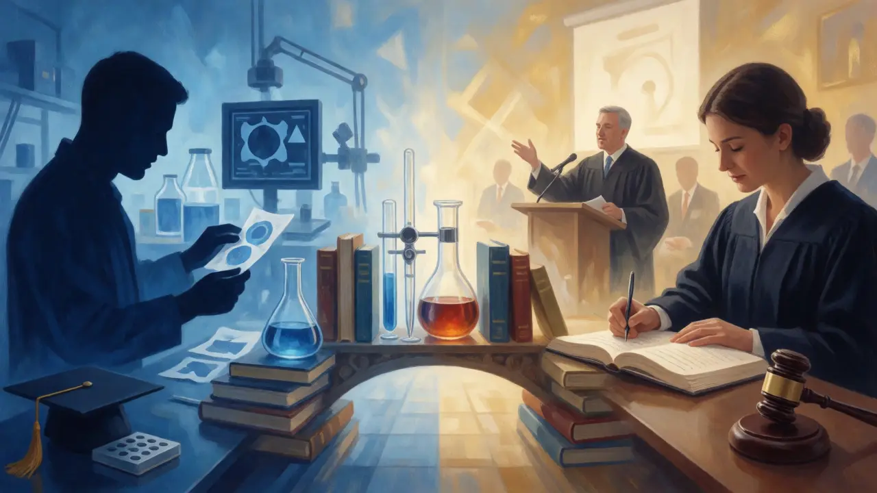 Conceptual art depicting the blend of crime lab analysis and academic scholarship in forensic careers.