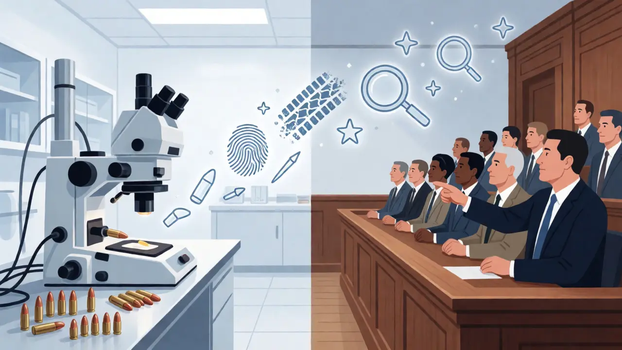 Conceptual art linking a forensics lab to an engaged jury through clear visual metaphors.
