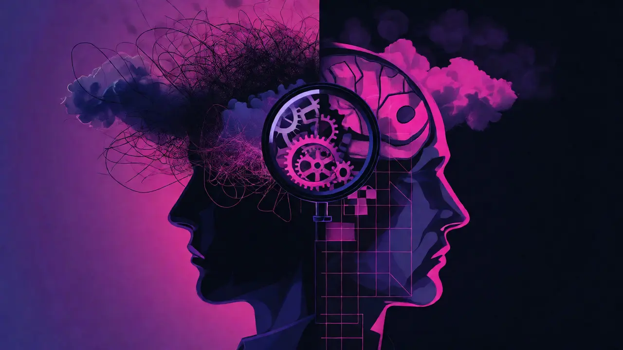 Conceptual art of a divided mind and magnifying glass
