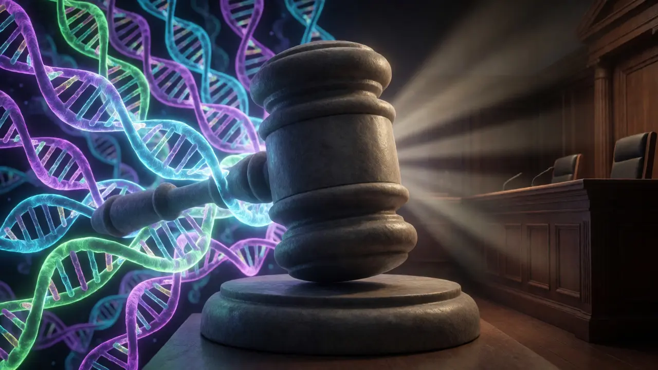 Conceptual art of a gavel filtering DNA strands