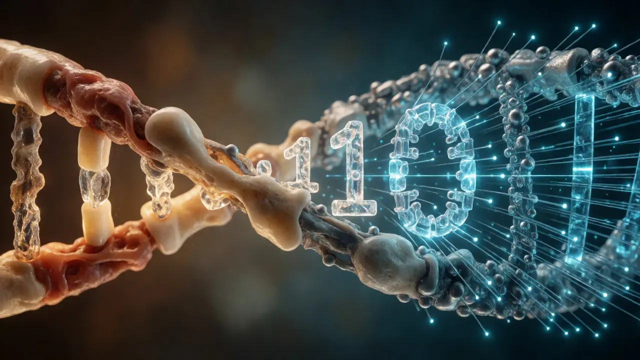 Conceptual art of DNA helix merging with digital data