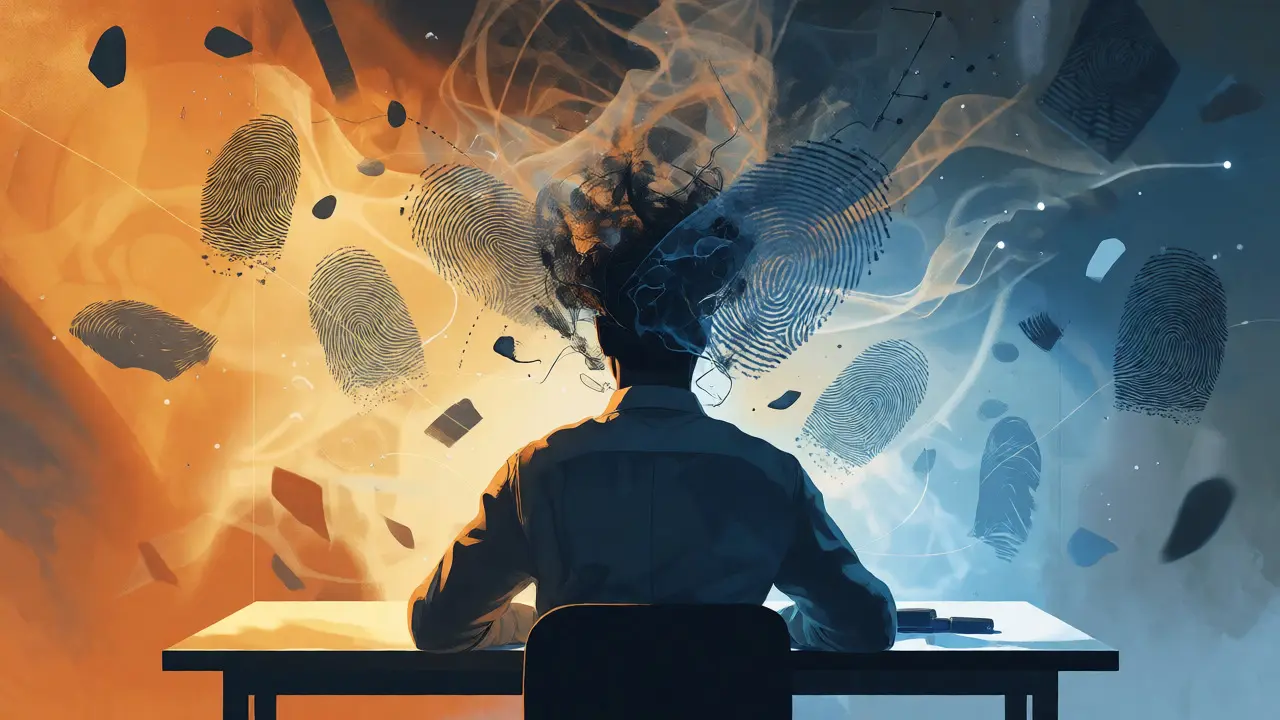 Conceptual art showing cognitive bias affecting fingerprint analysis decisions