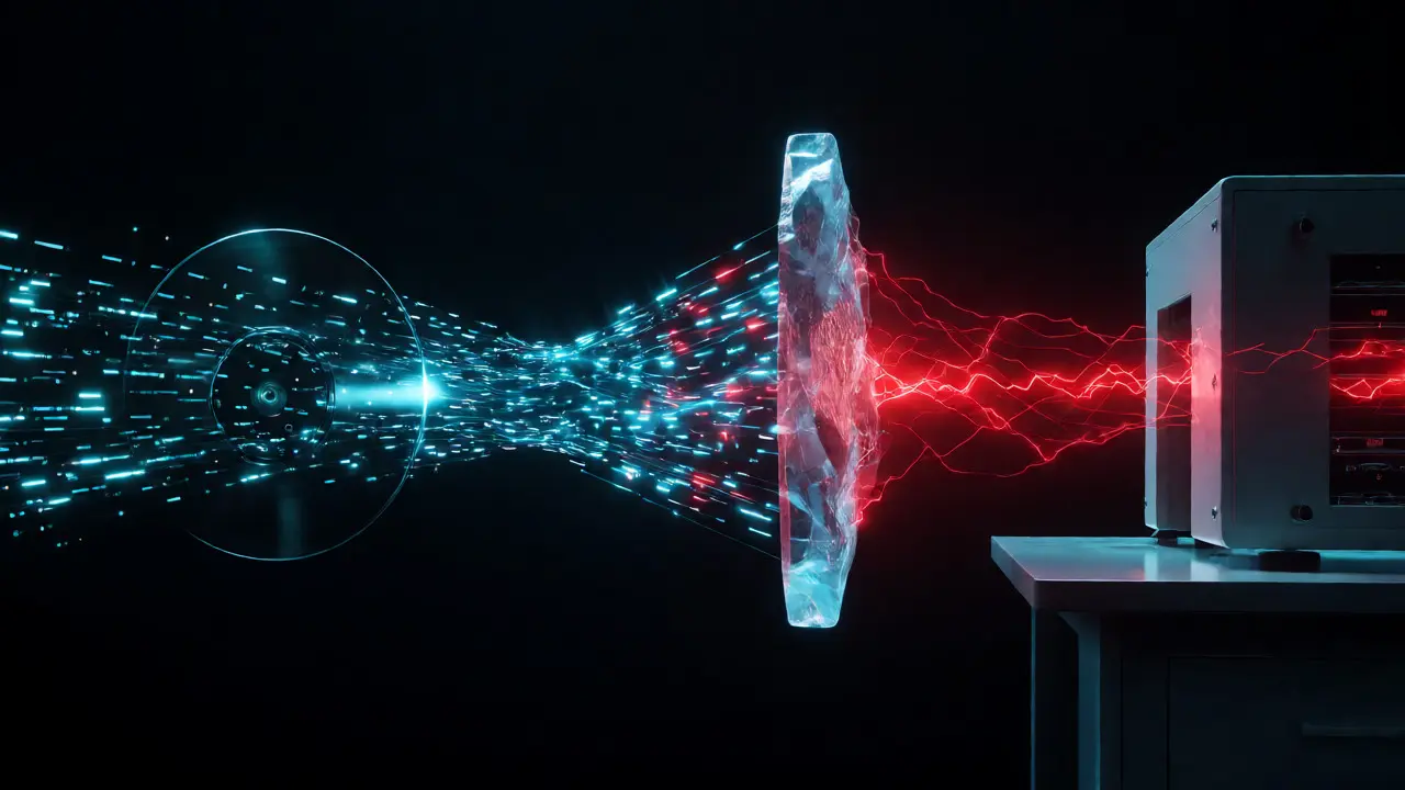 Conceptual art showing data flowing through a write blocker while write commands are blocked.