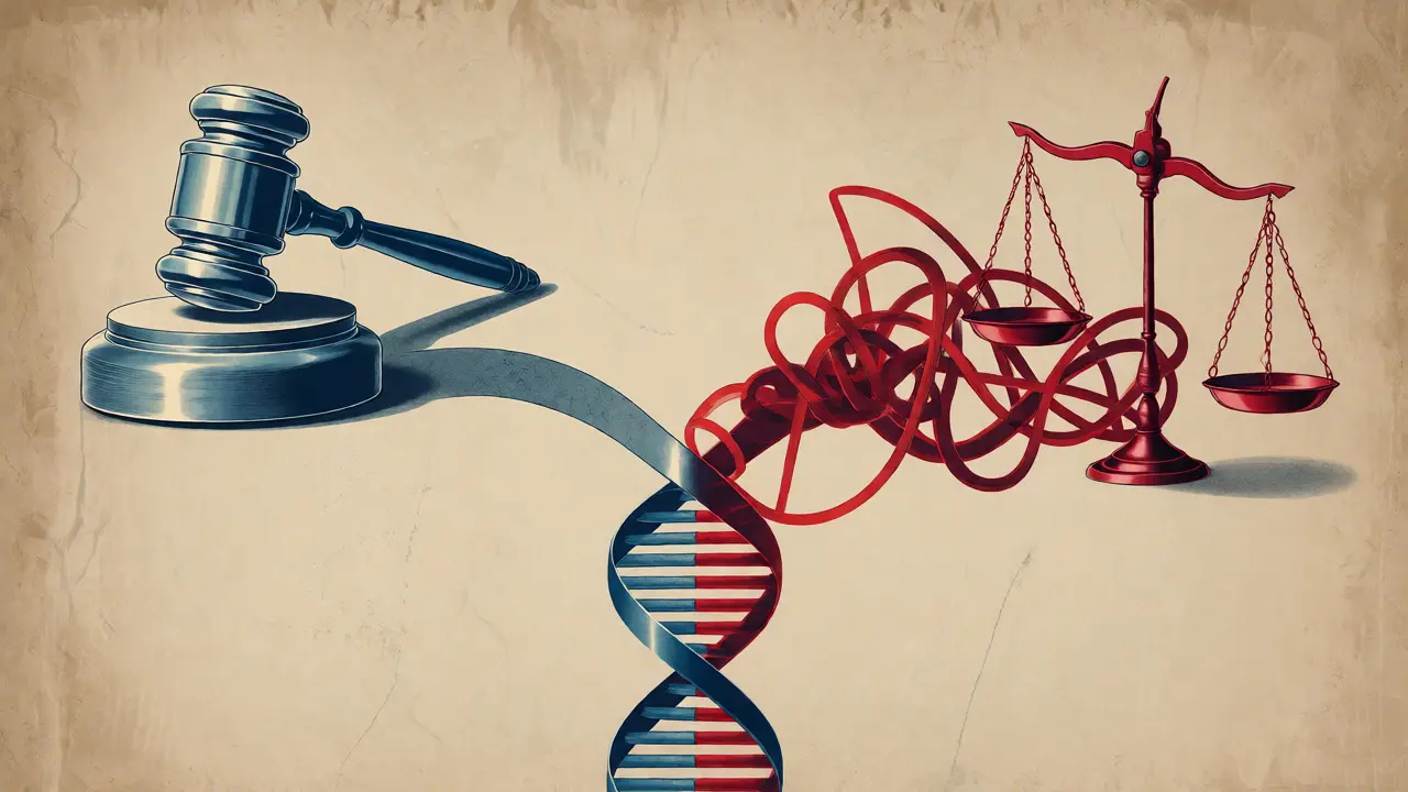 Conceptual art showing DNA helix branching into clear justice versus tangled confusion