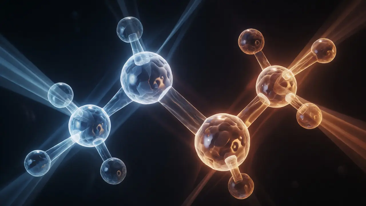 Conceptual art showing two mirror-image molecular structures representing chiral enantiomers