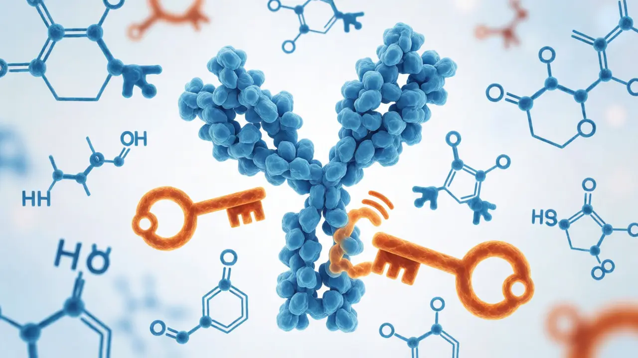 Conceptual diagram of an antibody binding to a cross-reacting drug molecule