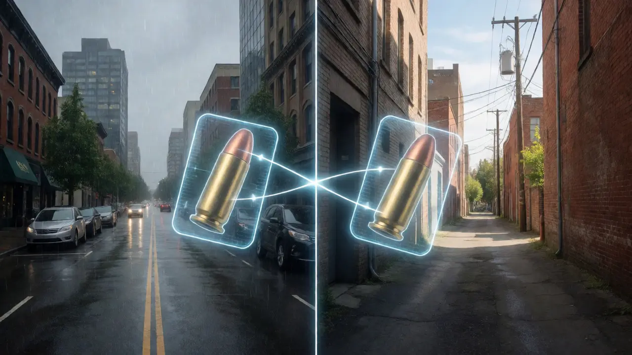 Conceptual graphic linking two crime scenes via matching ballistic evidence