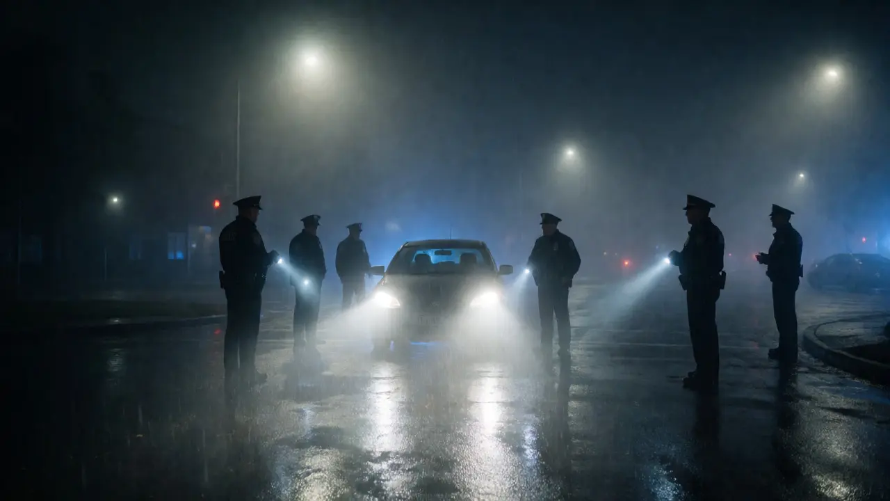 Confused police investigating an ambiguous car accident scene in the rain at night.