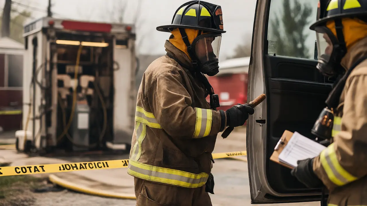 Decontamination procedure at fire scene perimeter with logbook