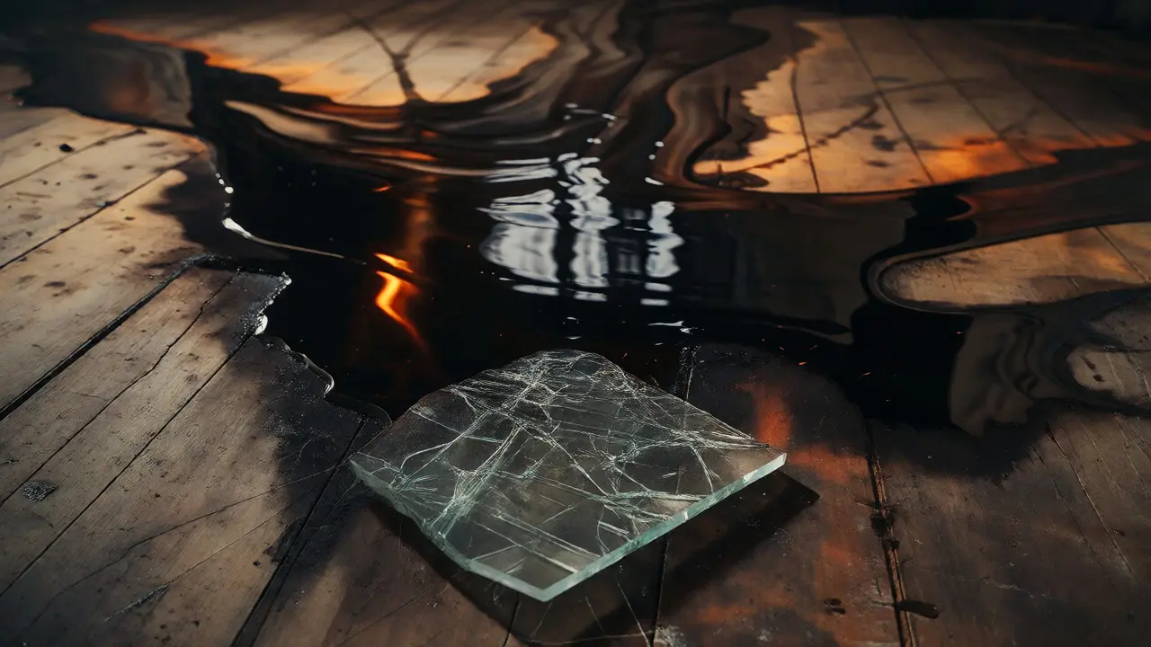 Deep pour patterns on a charred floor next to crazed glass shards indicating accelerant use