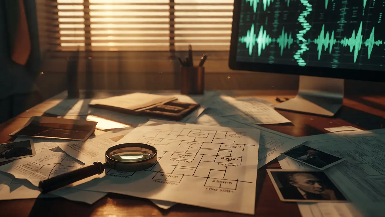 Detective's desk with family charts and DNA data visualization
