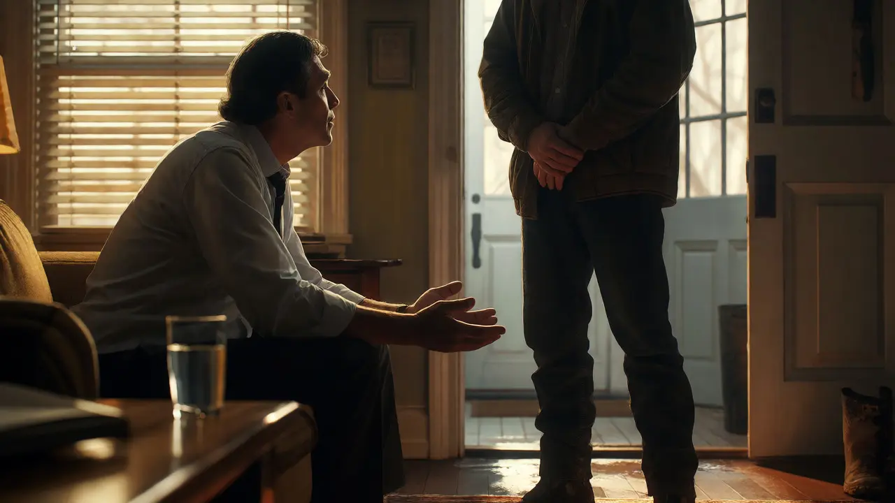 Detective interviewing a suspect in a living room, observing body language and muddy boots.