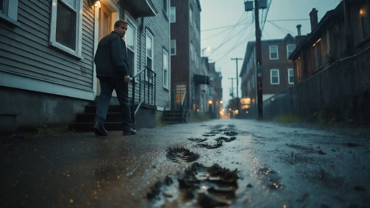Detective leaving a house in the rain, noticing mud tracks that provide investigative leads.