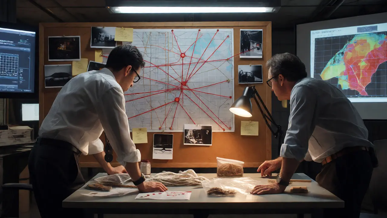 Detectives analyzing evidence in a command center