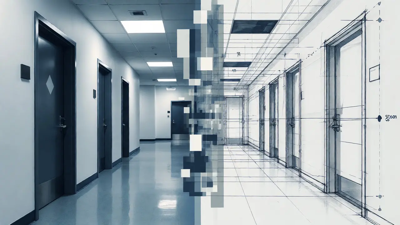 Digital concept art merging a crime scene photo with a precise technical line sketch.
