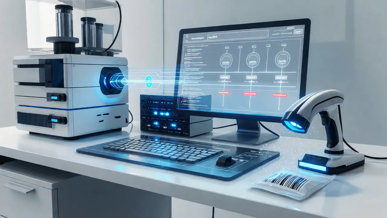 Digital forensic workflow showing automated data flow from instruments to a centralized database.