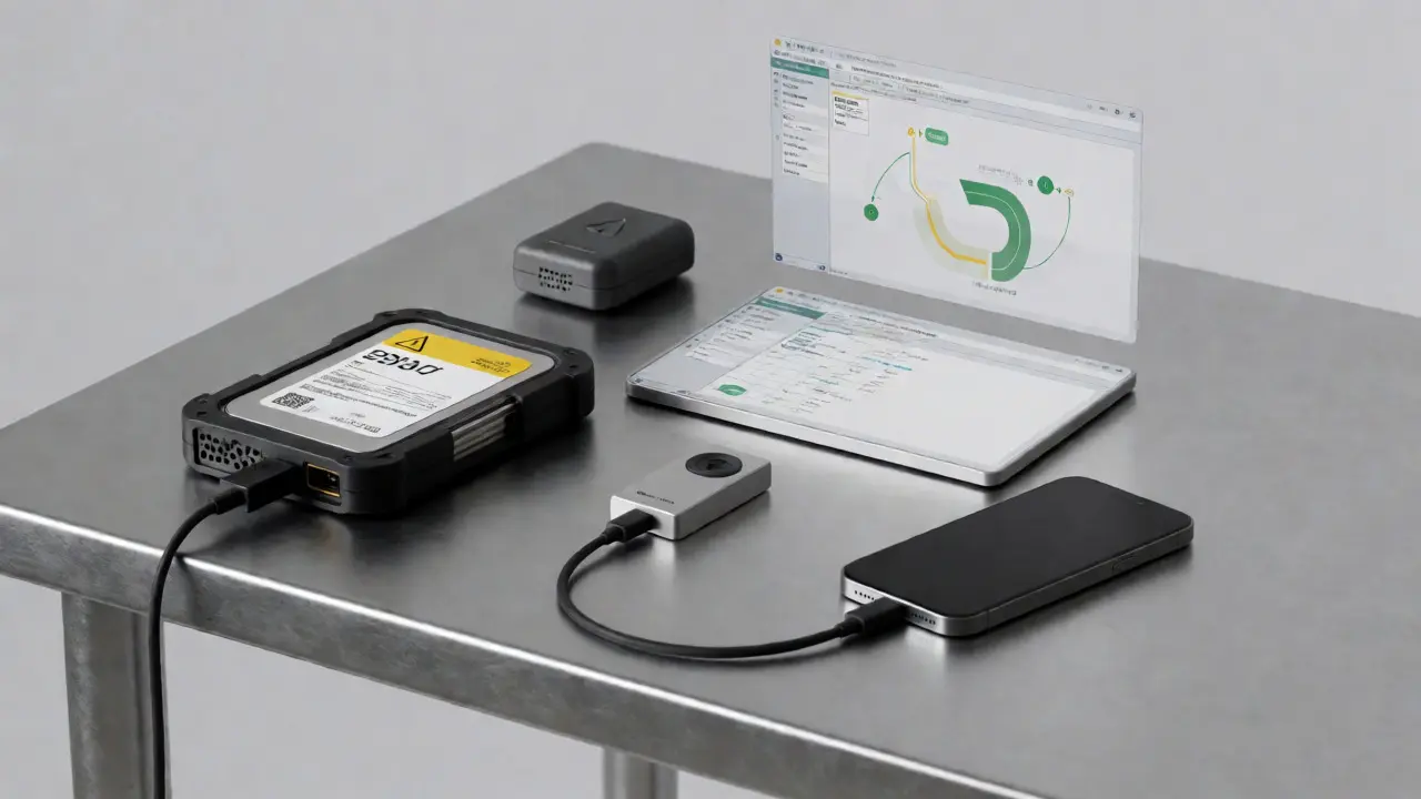 Digital forensics toolkit layout with mobile bridges, drives, and network tools.