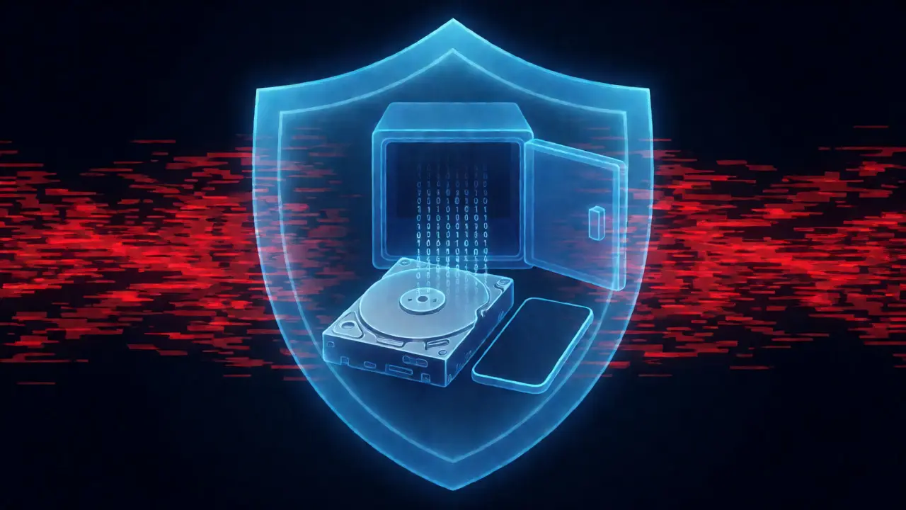 Digital shield protecting hard drive and phone from data corruption during imaging.