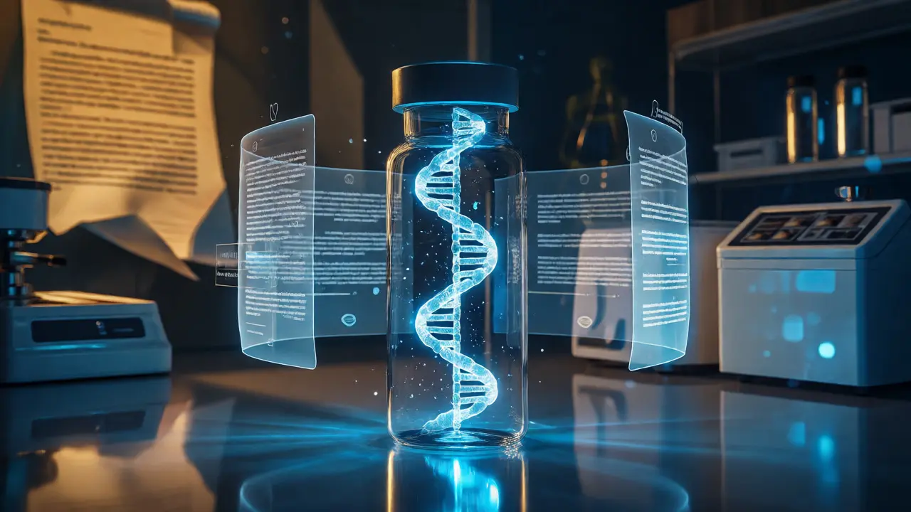 DNA sample protected by holographic contract layers in a conceptual digital illustration.