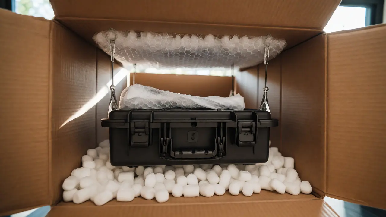 Double-boxed evidence container with foam padding protecting tools during transit.
