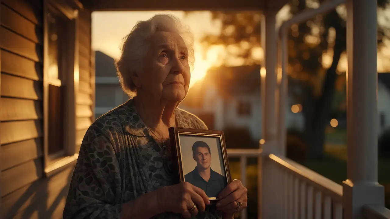 Elderly woman holding photo of missing relative at sunset