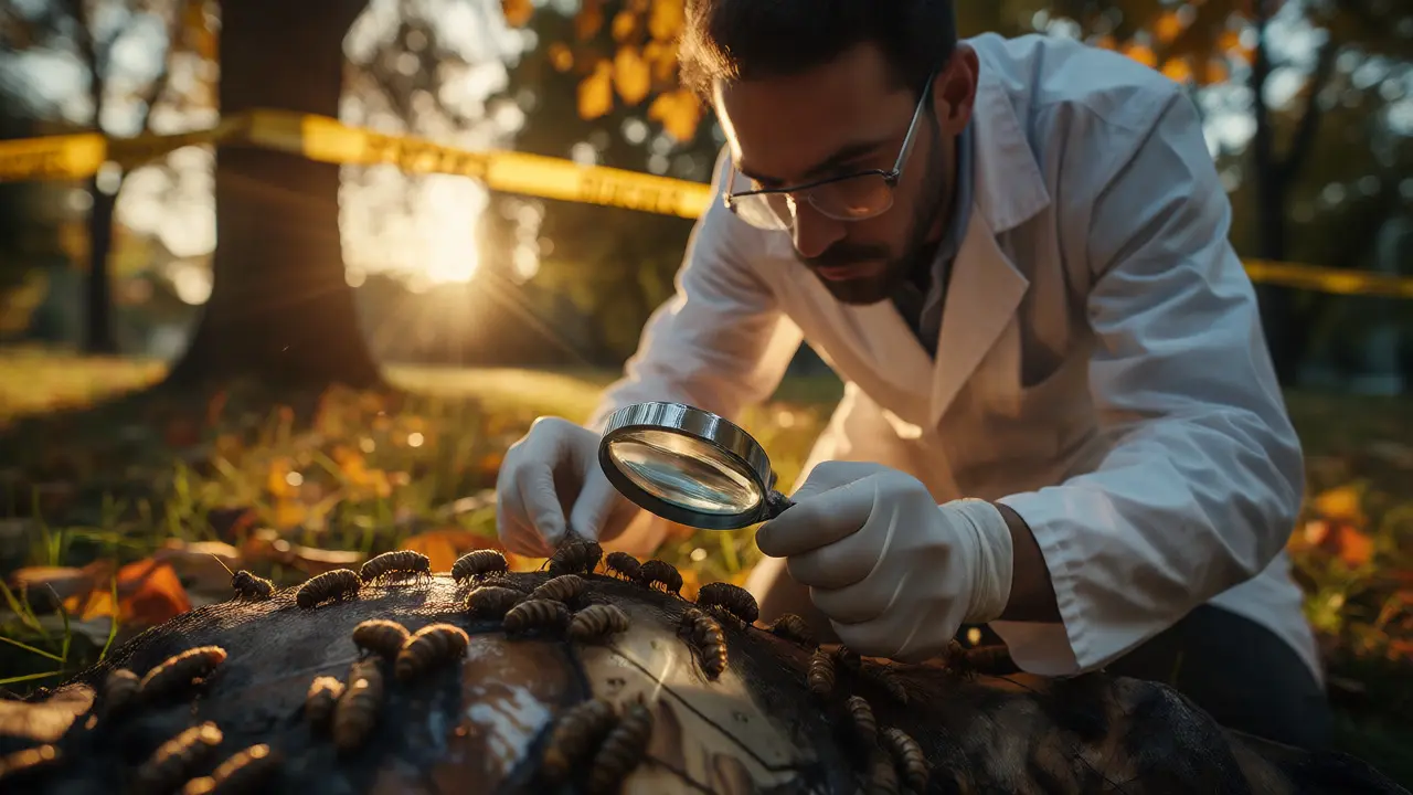 Entomologist examining fly larvae on a body outdoors with police tape