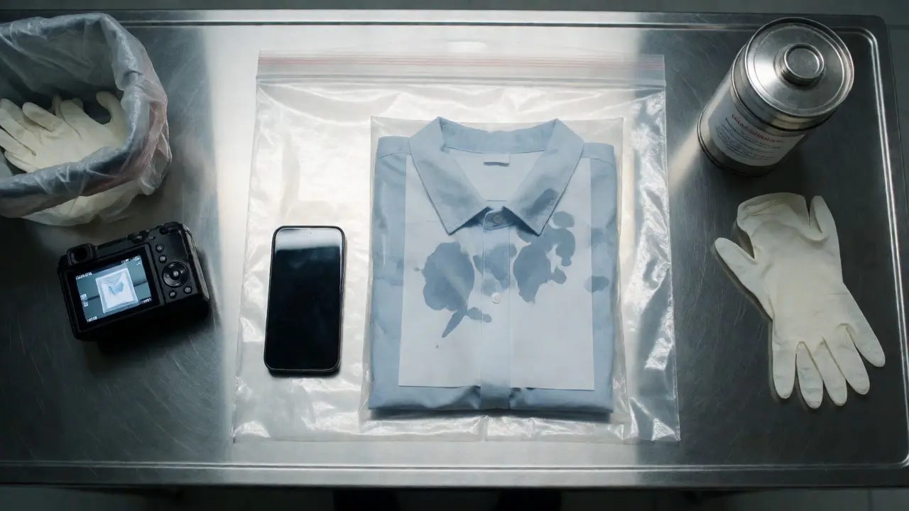 Evidence bags containing phone and clothing on table