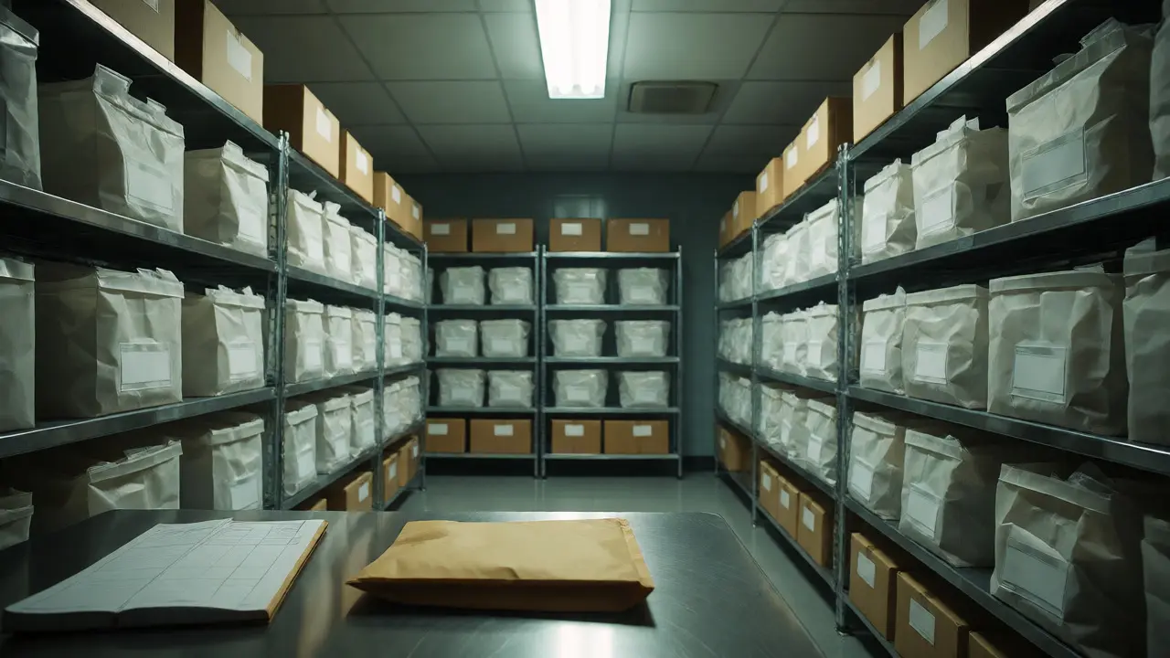 Evidence stored in breathable paper bags and boxes in a dimly lit forensic storage room.