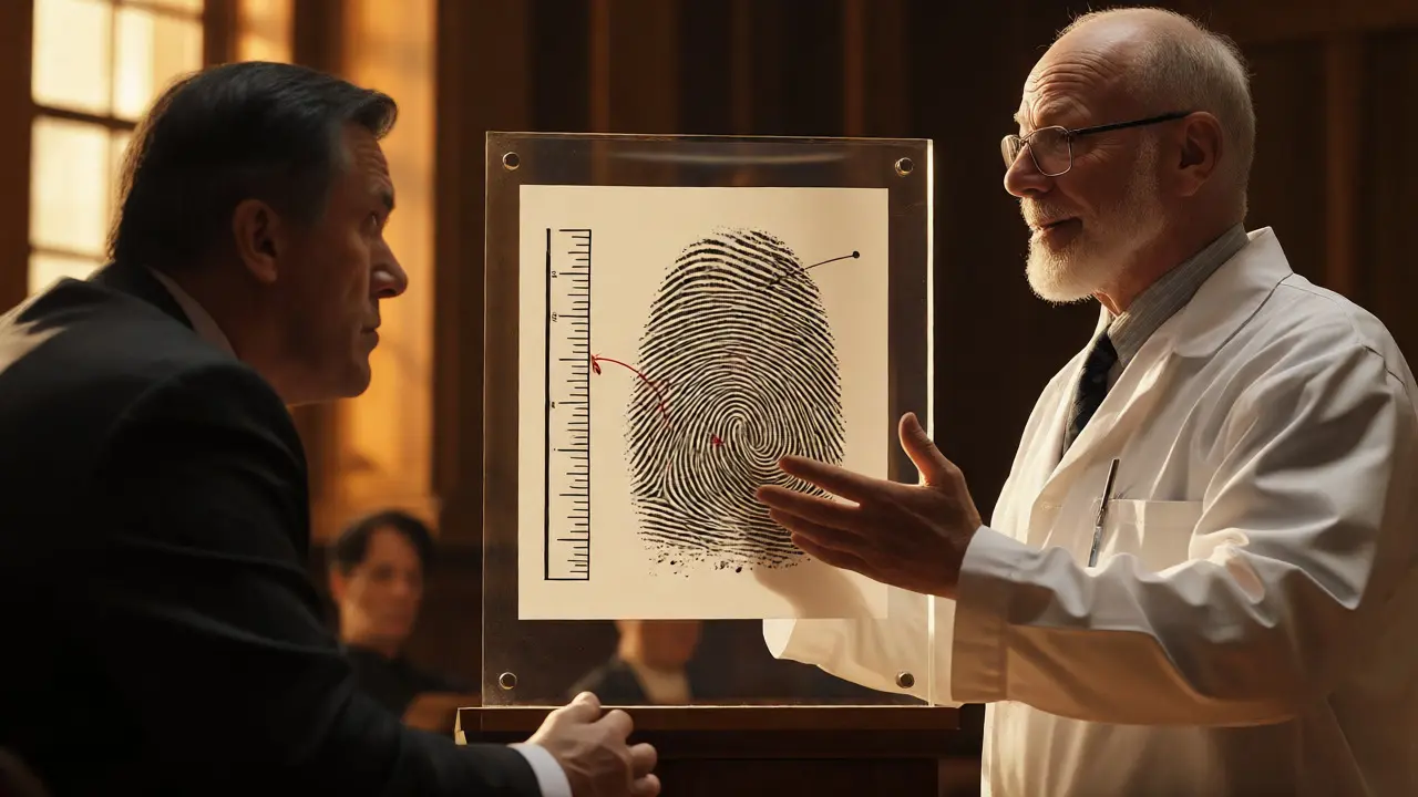 Expert testifying in court pointing to an annotated fingerprint exhibit.