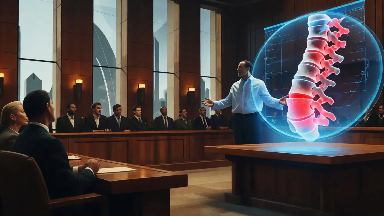 Expert witness presenting a 3D medical hologram to a jury in a courtroom