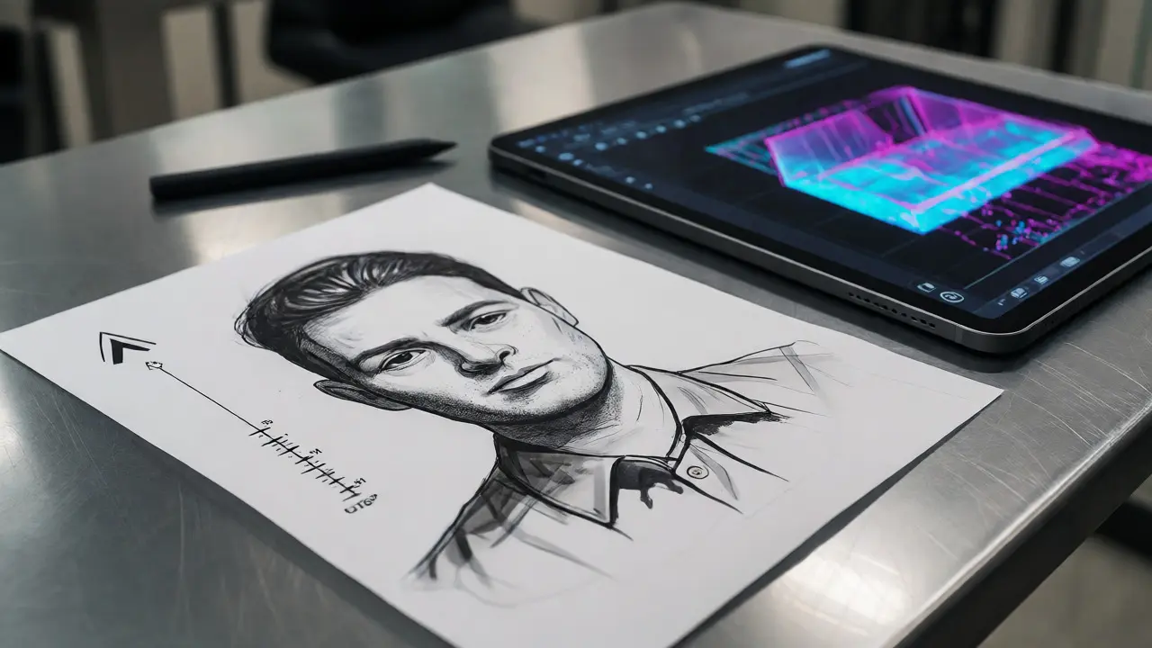 Finished forensic sketch next to a tablet displaying a 3D laser scan model.
