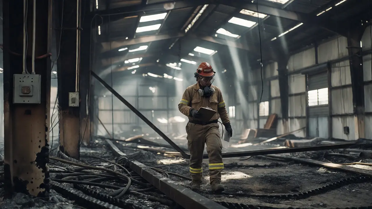 Fire investigator examining charred warehouse structure for insurance claim